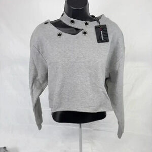 NEW Kady Luxe Dog Collar Pullover Sweatshirt Raw Hem Crop Heather Gray Womens XS
